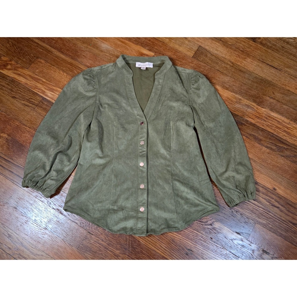Philosophy Republic Olive Green Faux Suede Button Front Blouse Small Rose Gold